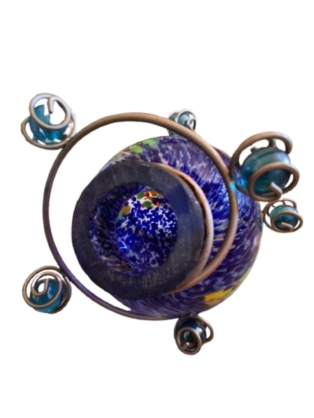 VTG Handblown Murano Blue Glass Orb 1960-70 Multicolor Swirl Accent, I Of A Kind
